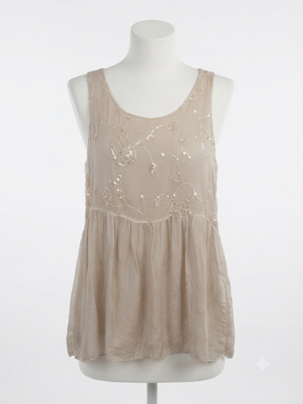 Angela Moda Silk Sequin Embellished Flowy Babydoll Tank Top Medium